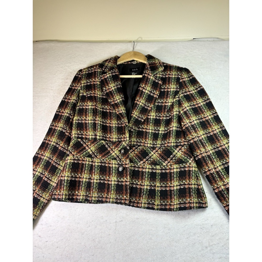 RQT Jacket Women 8 Green Brown Tweed Cropped Long Sleeve Casual Office